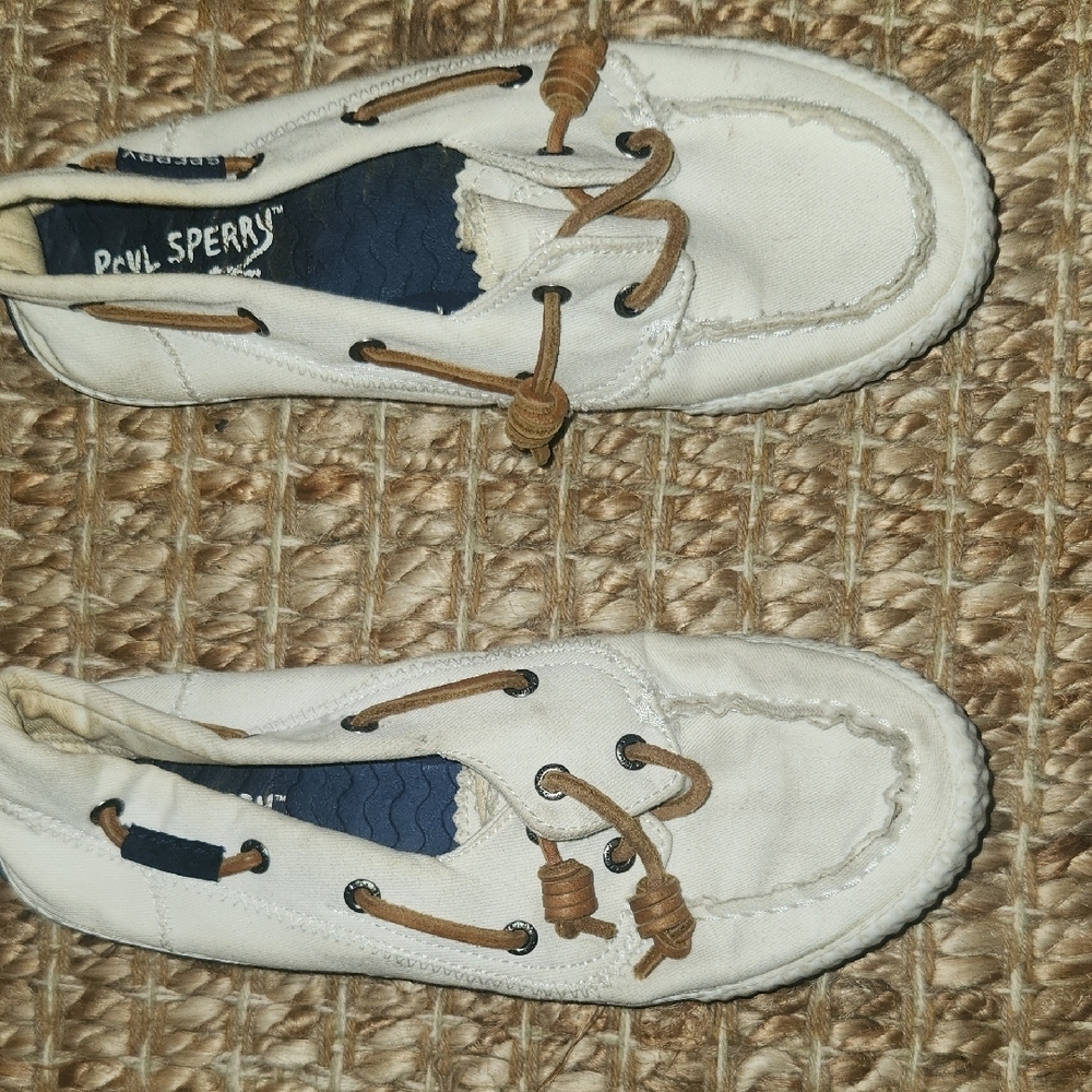 Sperry Women's White and Tan Boat Canvas Sneakers Sneakers 6.5 - Picture 7 of 10
